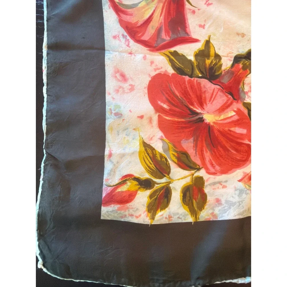 Scarf White Red Black Floral Rayon Hand Rolled Vintage‎ Square Botanical